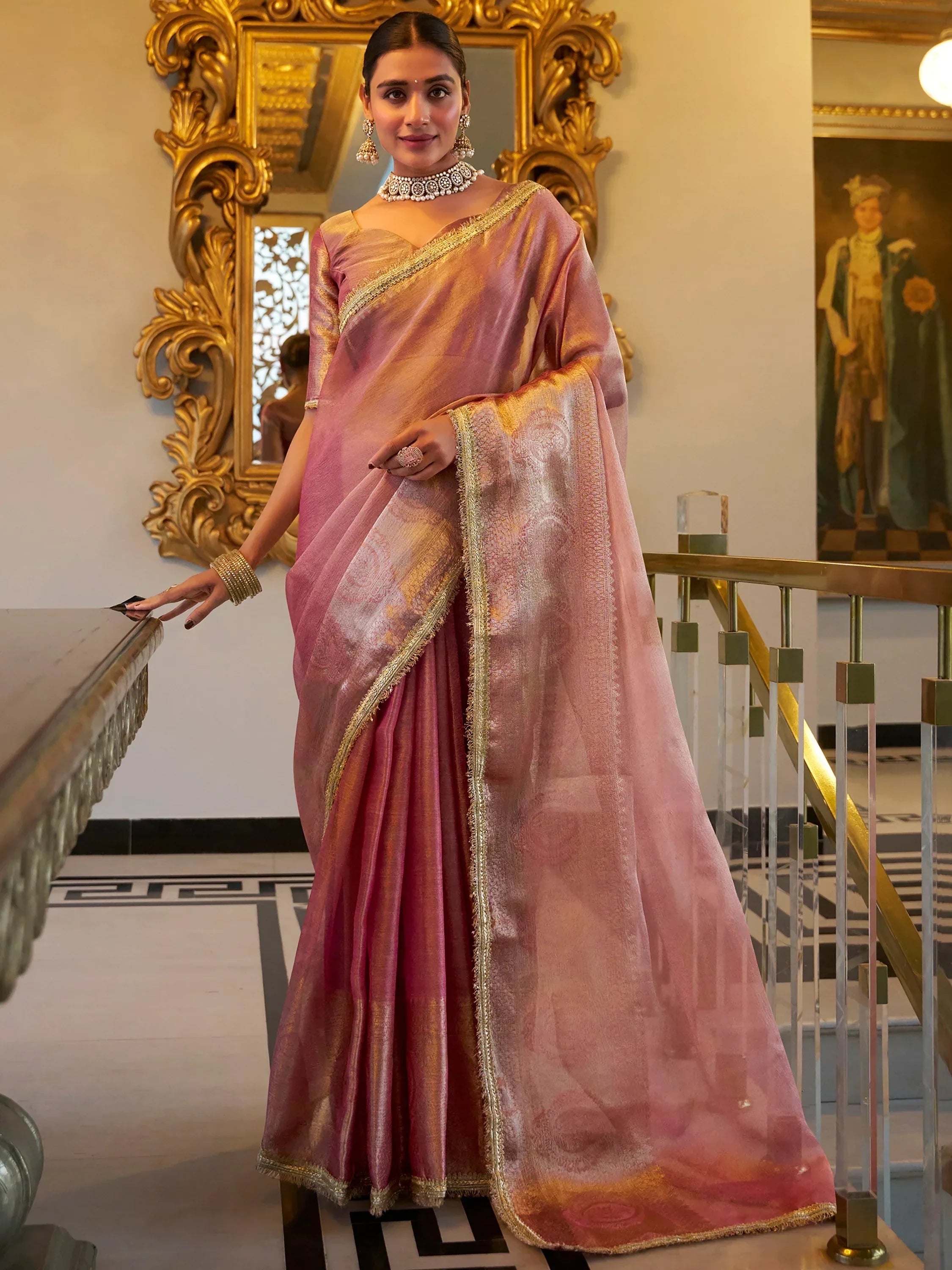 Tantalizing Light Pink Zari Weaving Tissue Silk Casual Wear Saree