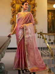 Tantalizing Light Pink Zari Weaving Tissue Silk Casual Wear Saree