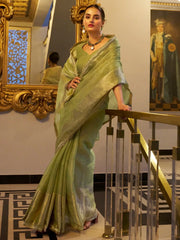 Bewitching Pista Green Zari Weaving Tissue Silk Saree With Blouse