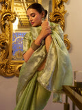 Bewitching Pista Green Zari Weaving Tissue Silk Saree With Blouse