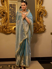Outstanding Sky Blue Zari Weaving Tissue Silk Festive Wear Saree