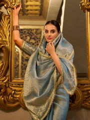 Outstanding Sky Blue Zari Weaving Tissue Silk Festive Wear Saree