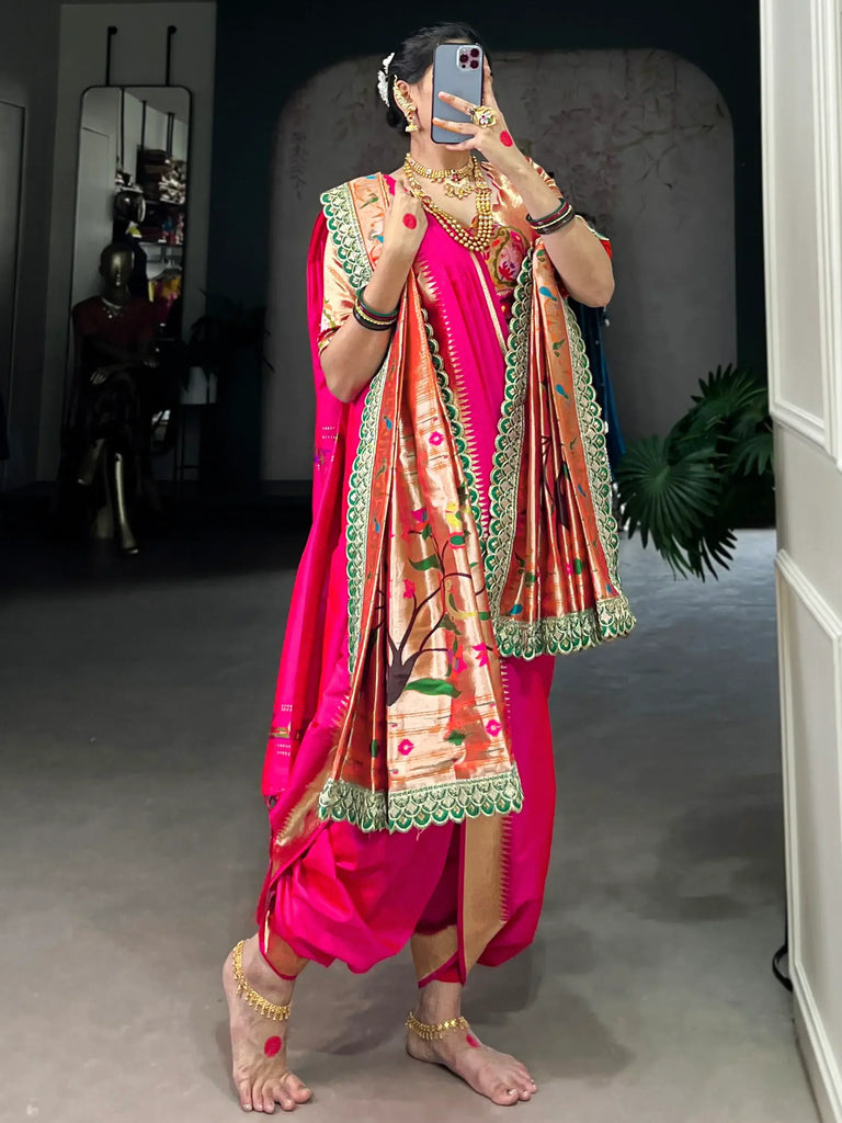 Dazzling Pink Weaving Nauvari Bridal Saree With Orange Dupatta