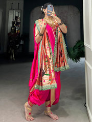Dazzling Pink Weaving Nauvari Bridal Saree With Orange Dupatta