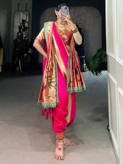 Dazzling Pink Weaving Nauvari Bridal Saree With Orange Dupatta