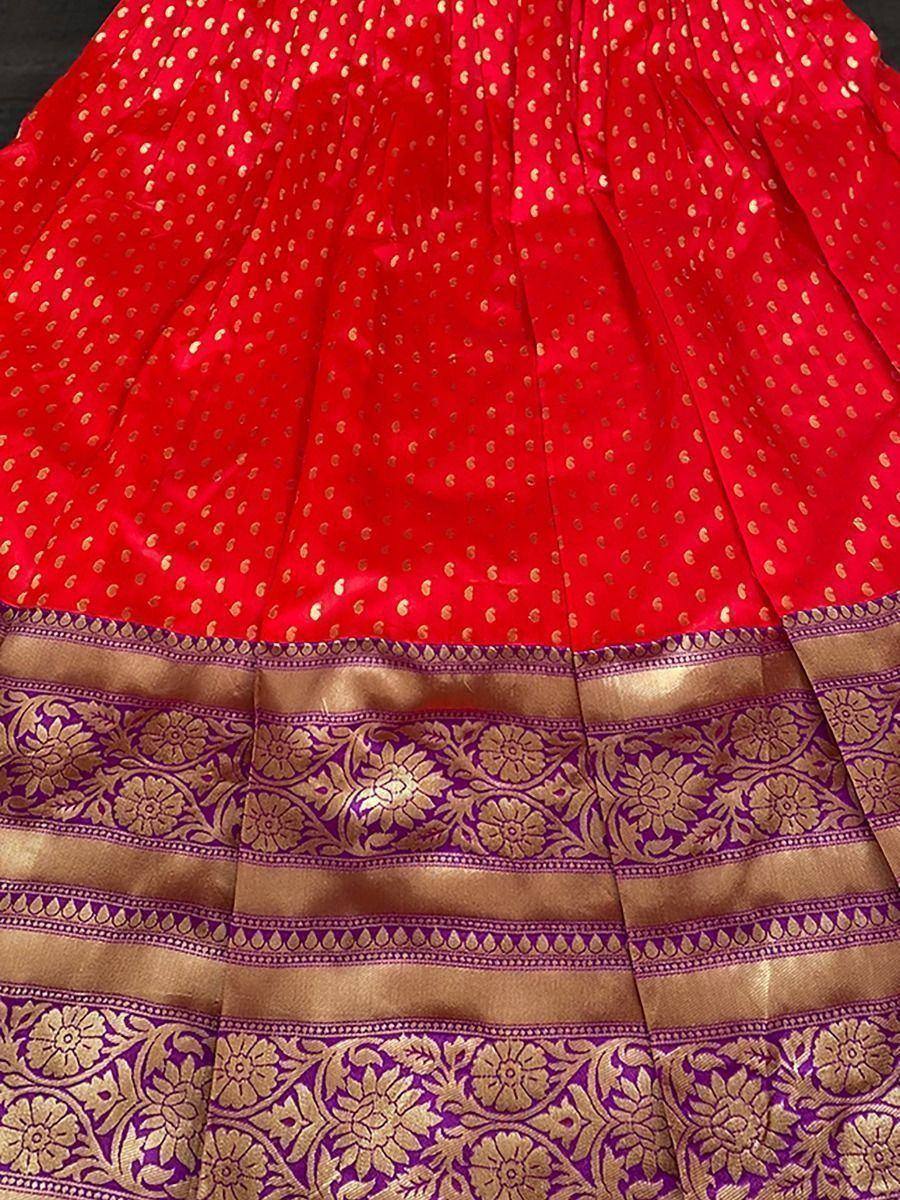 Red silk saree with gold motifs and purple gold floral zari border, traditional Indian attire