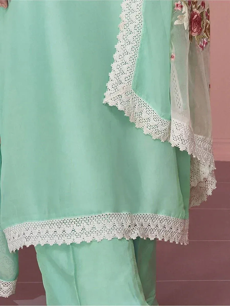 Mint green salwar kameez with white lace trim and floral dupatta, ethnic wear for women