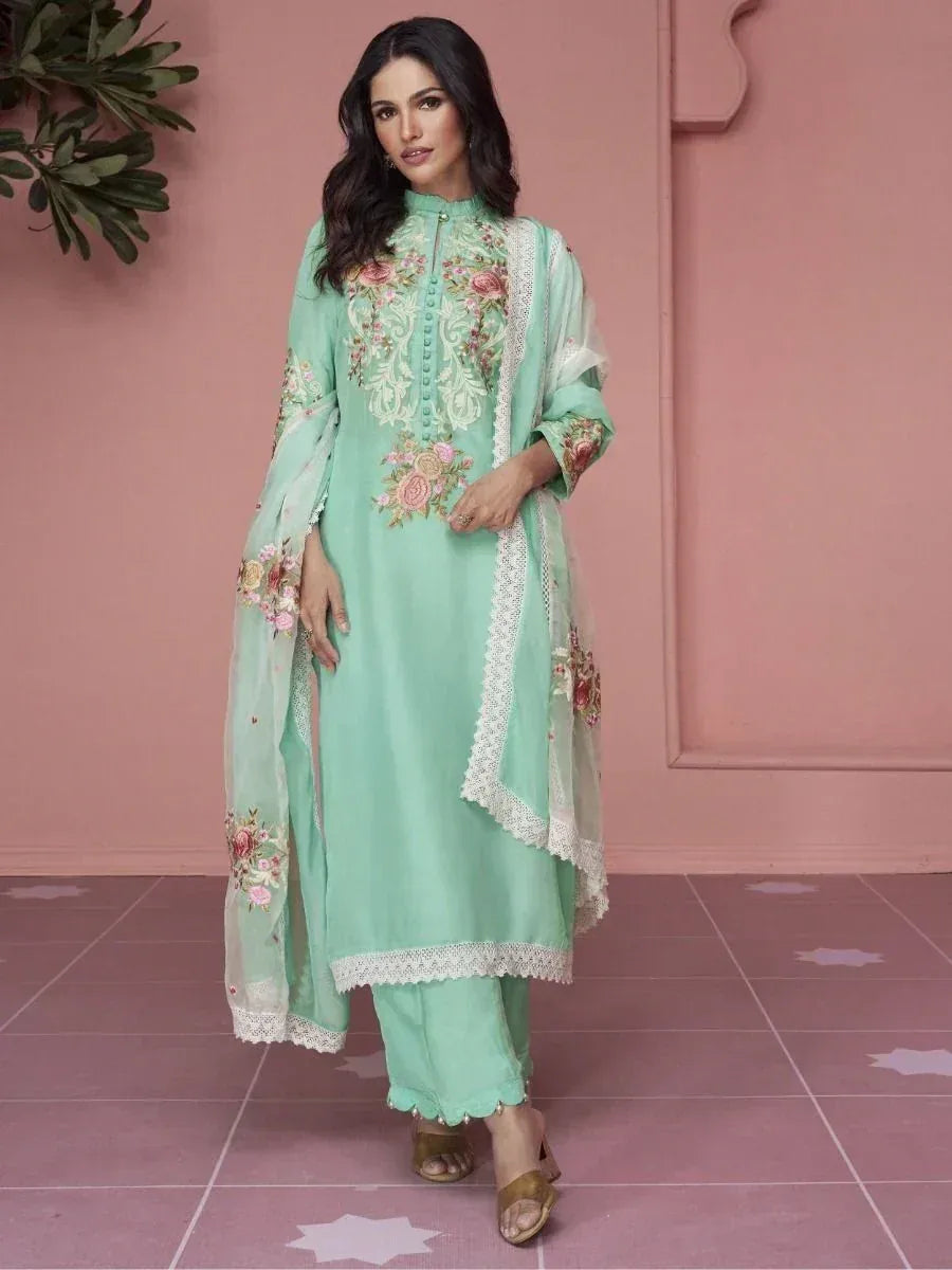 Mint green embroidered salwar kameez with floral dupatta, ethnic Indian wear for women