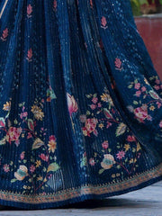 Astonishing Blue Floral Printed Chinon Sangeet Wear Lehenga Choli