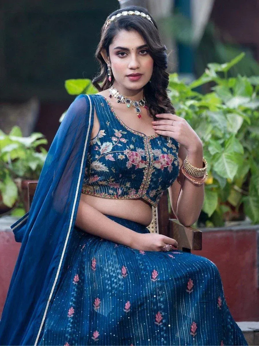 Blue floral embroidered lehenga choli with dupatta, perfect for Indian ethnic wear occasions