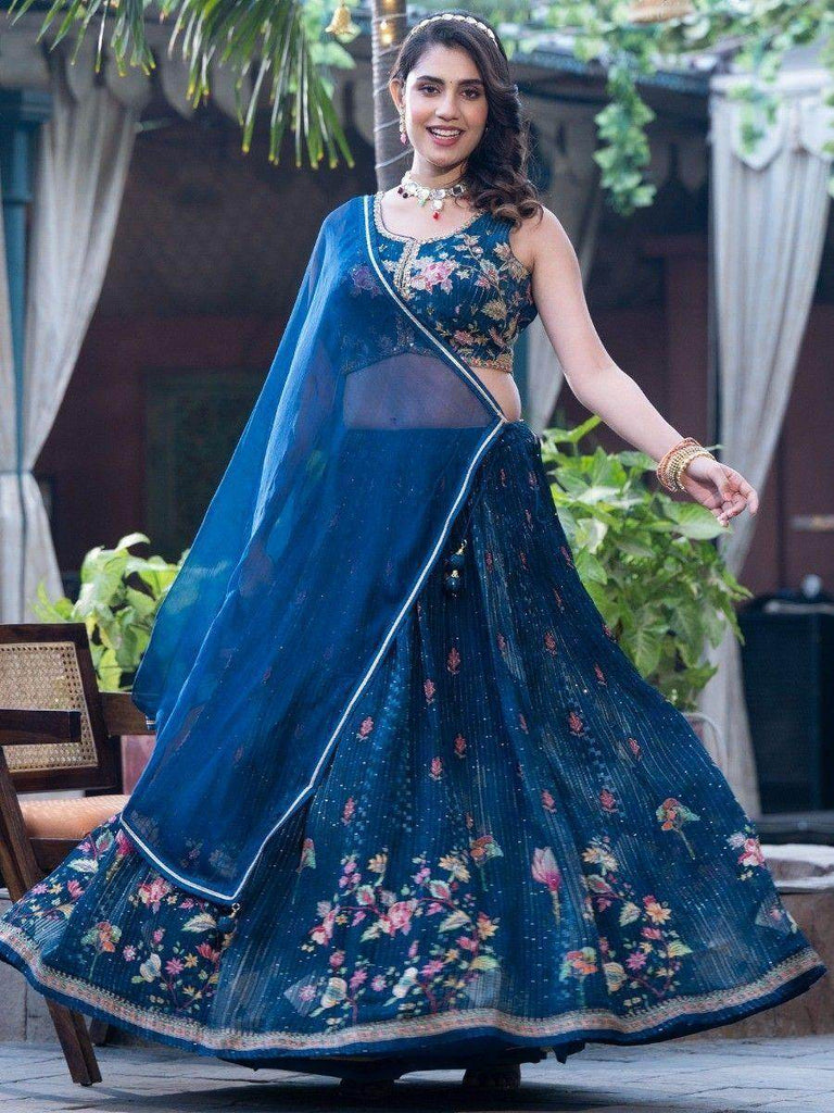 Astonishing Blue Floral Printed Chinon Sangeet Wear Lehenga Choli