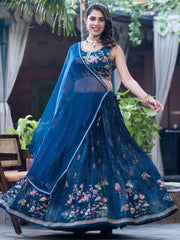 Astonishing Blue Floral Printed Chinon Sangeet Wear Lehenga Choli