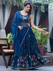 Astonishing Blue Floral Printed Chinon Sangeet Wear Lehenga Choli