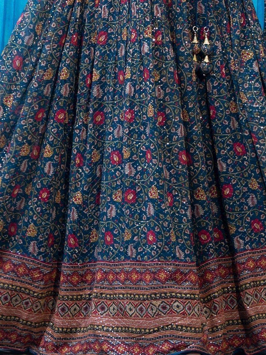 Blue floral printed lehenga skirt with sequins and embroidered border, ethnic Indian wear