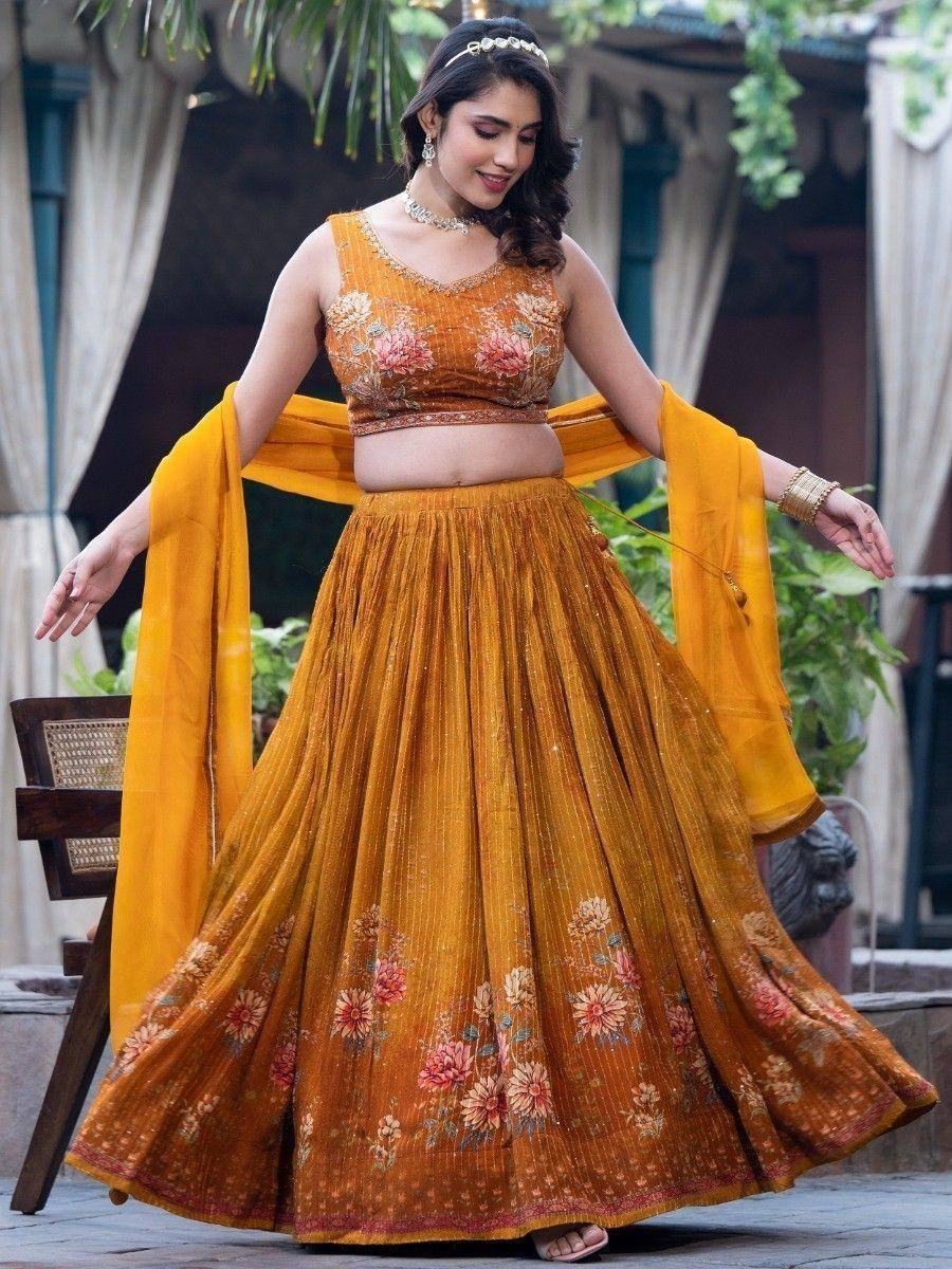 Mustard floral lehenga choli with embroidered blouse and dupatta, perfect for Indian ethnic occasions