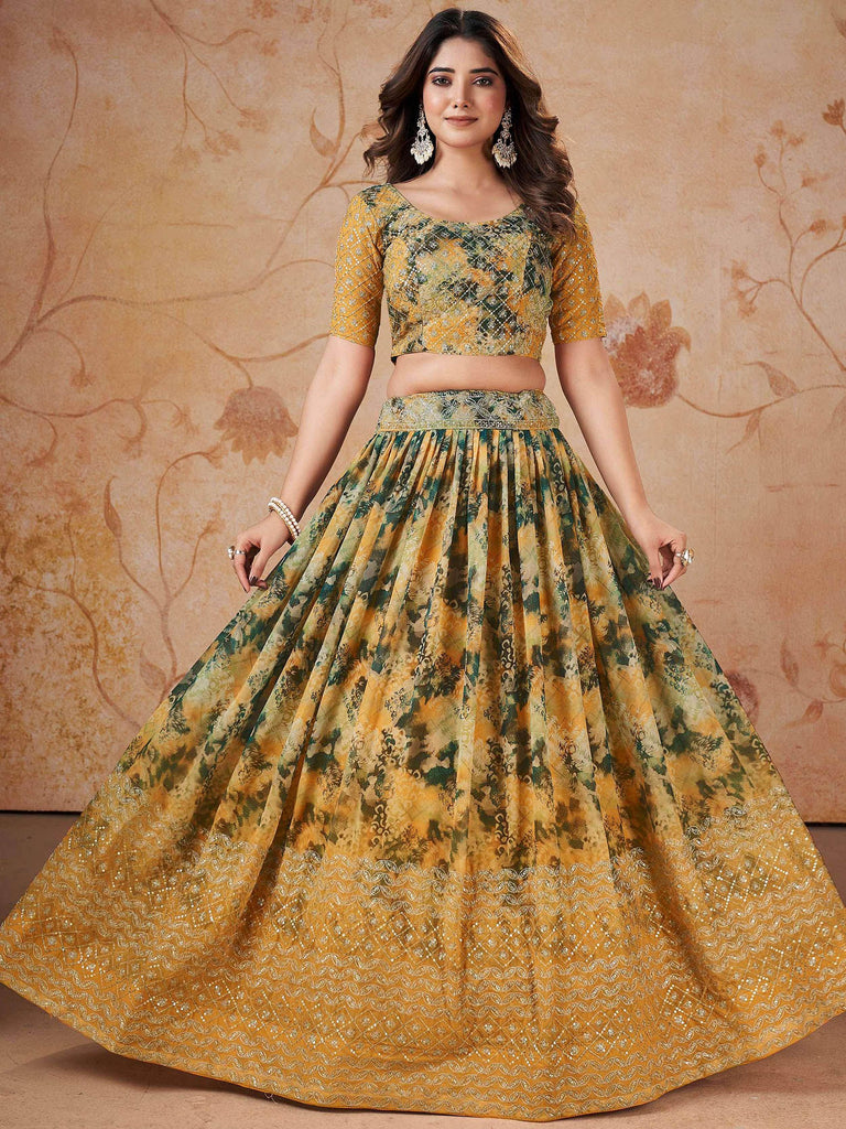 Incredible Yellow Georgette Digital Printed Party Wear Lehenga Choli