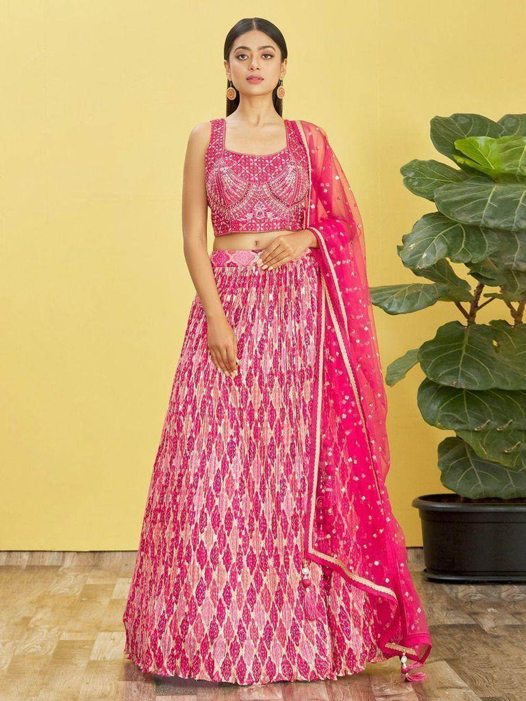 Beautiful Pink Mirror Work Chinon Reception Wear Lehenga Choli
