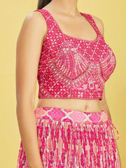 Beautiful Pink Mirror Work Chinon Reception Wear Lehenga Choli