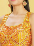 Sunshine Yellow Mirror Work Chinon Haldi Wear Lehenga Choli