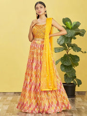 Sunshine Yellow Mirror Work Chinon Haldi Wear Lehenga Choli