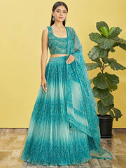 Beautiful Blue Mirror Work Organza Wedding Wear Lehenga Choli