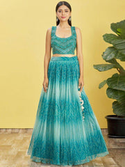 Beautiful Blue Mirror Work Organza Wedding Wear Lehenga Choli