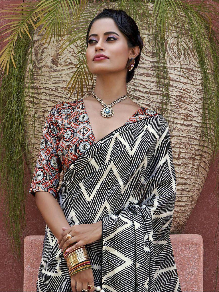 Captivating Black Digital Printed Crepe Event Wear Saree With Blouse