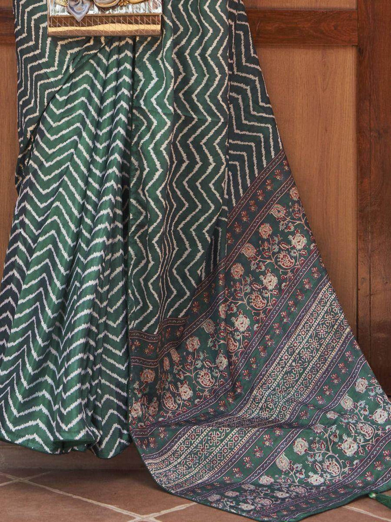 Attractive Green Digital Printed Crepe Festival Wear Saree With Blouse