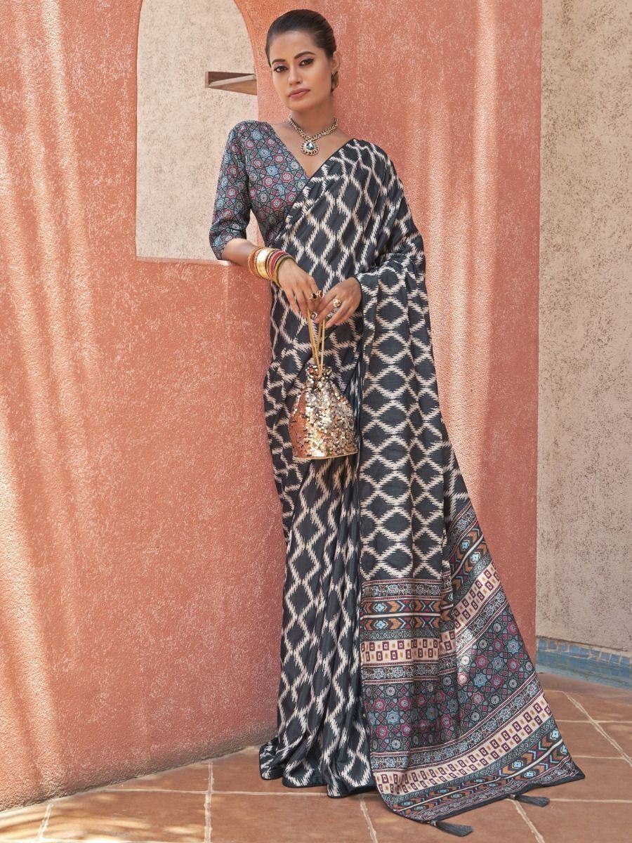 Embrace Grey Digital Printed Crepe Festivities Saree & Blouse