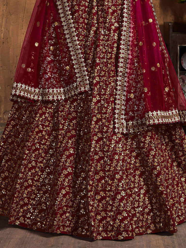 Maroon Zari Embroidery Raw Silk Wedding Lehenga Choli With Dupatta