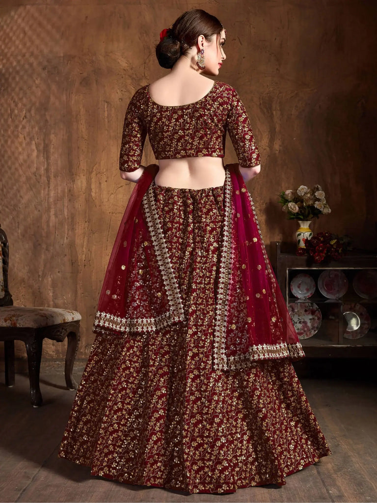 Maroon Zari Embroidery Raw Silk Wedding Lehenga Choli With Dupatta