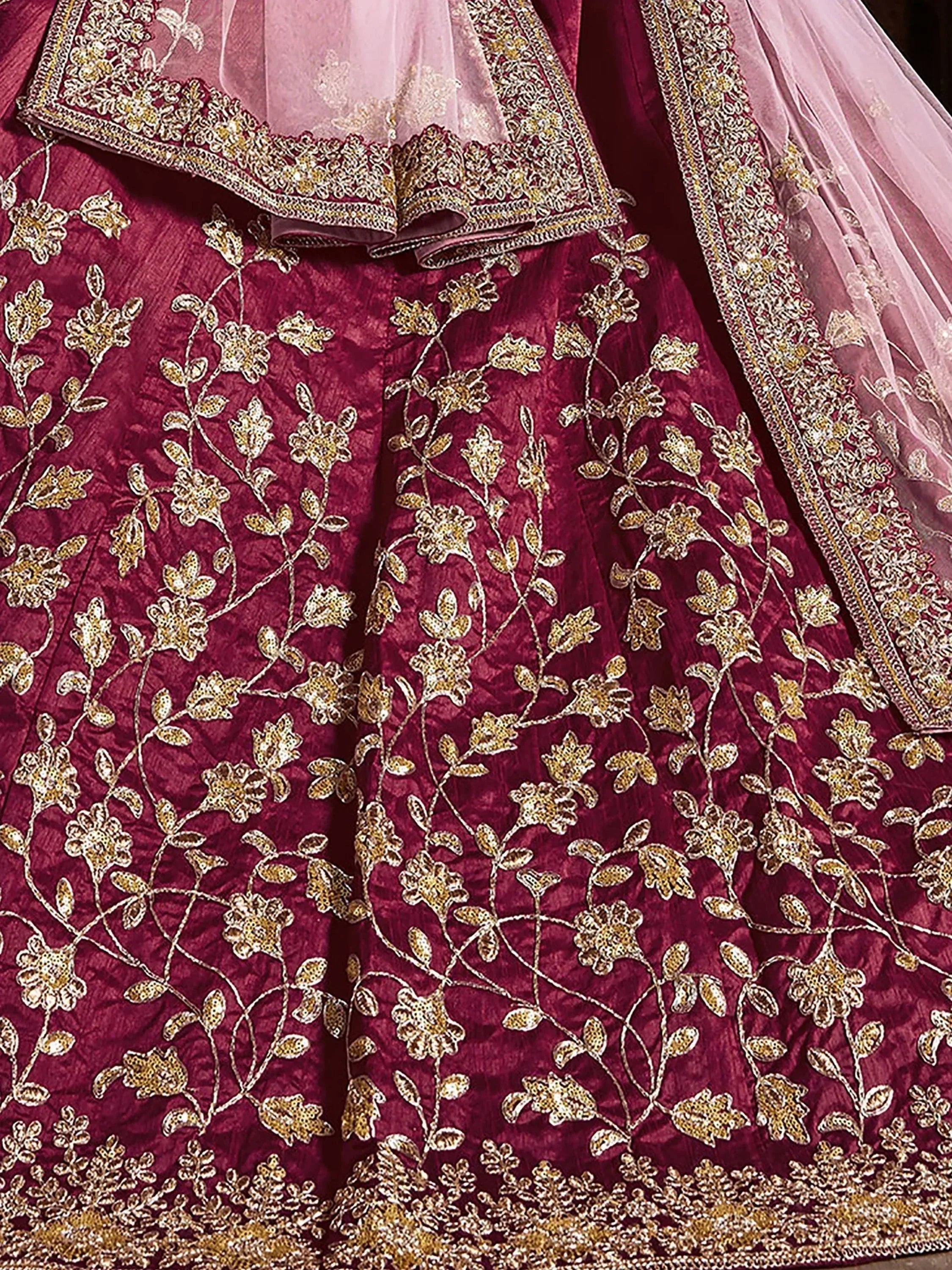 Maroon lehenga choli with gold floral embroidery and sheer dupatta, Indian ethnic wear