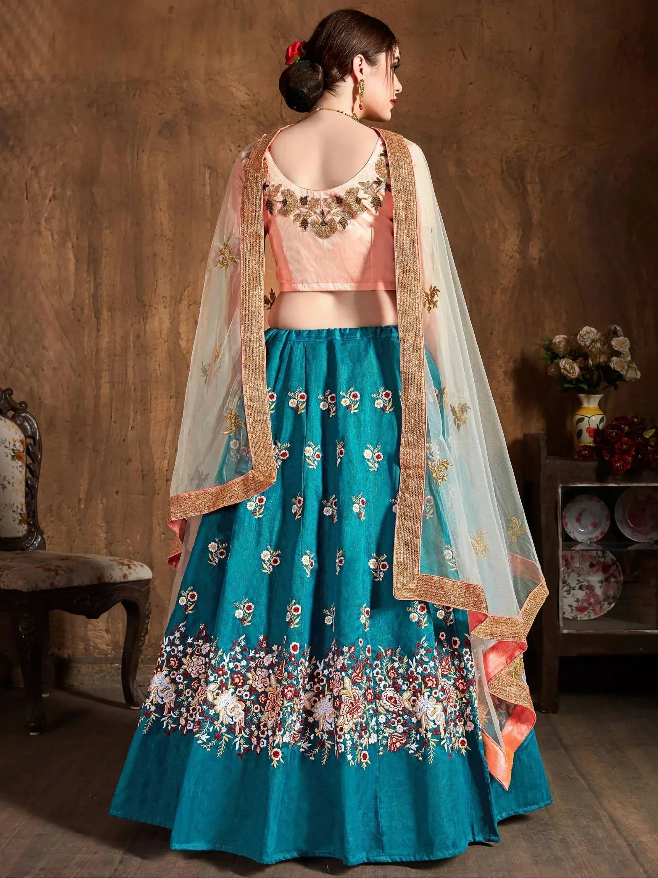 Teal embroidered lehenga choli with peach blouse and sheer dupatta, Indian ethnic wear