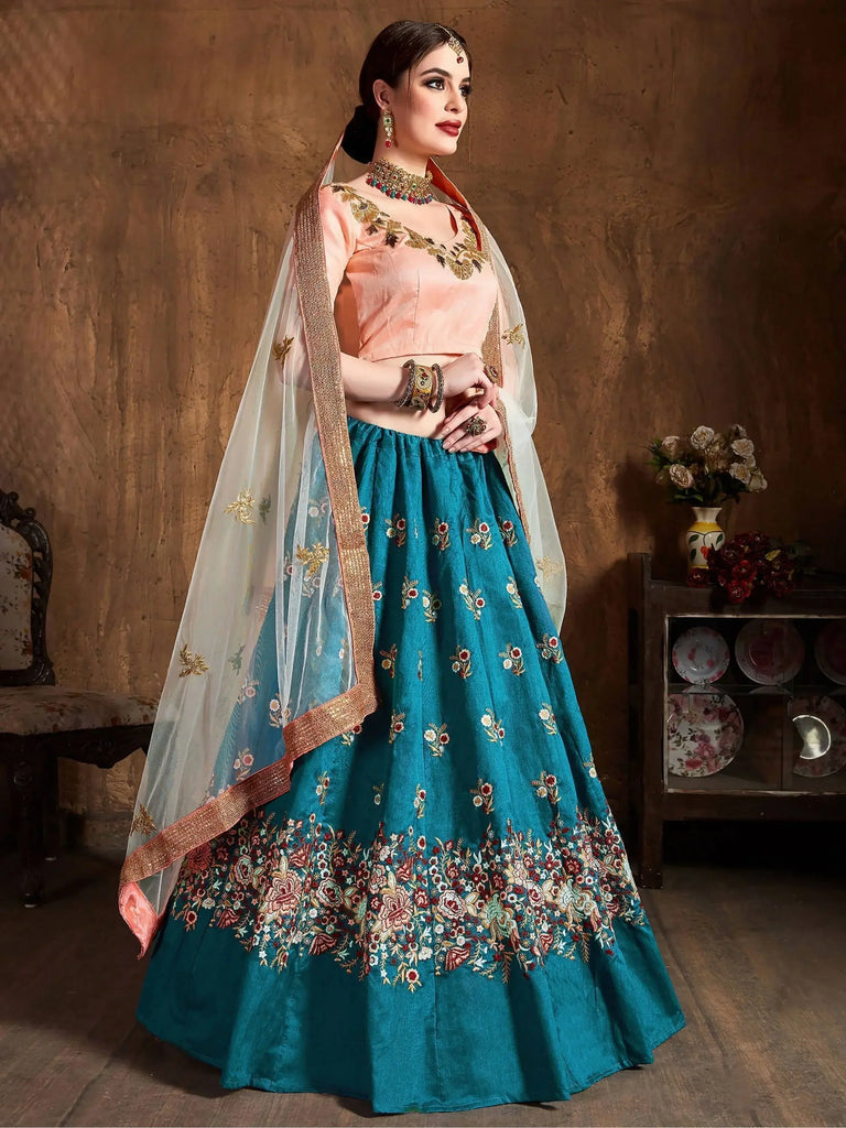 Teal Blue Thread Work Raw Silk Bridal Lehenga With Peach Choli And Off-White Dupatta