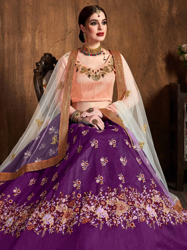 Purple Thread Work Raw Silk Bridal Lehenga With Peach Choli And Off-White Dupatta