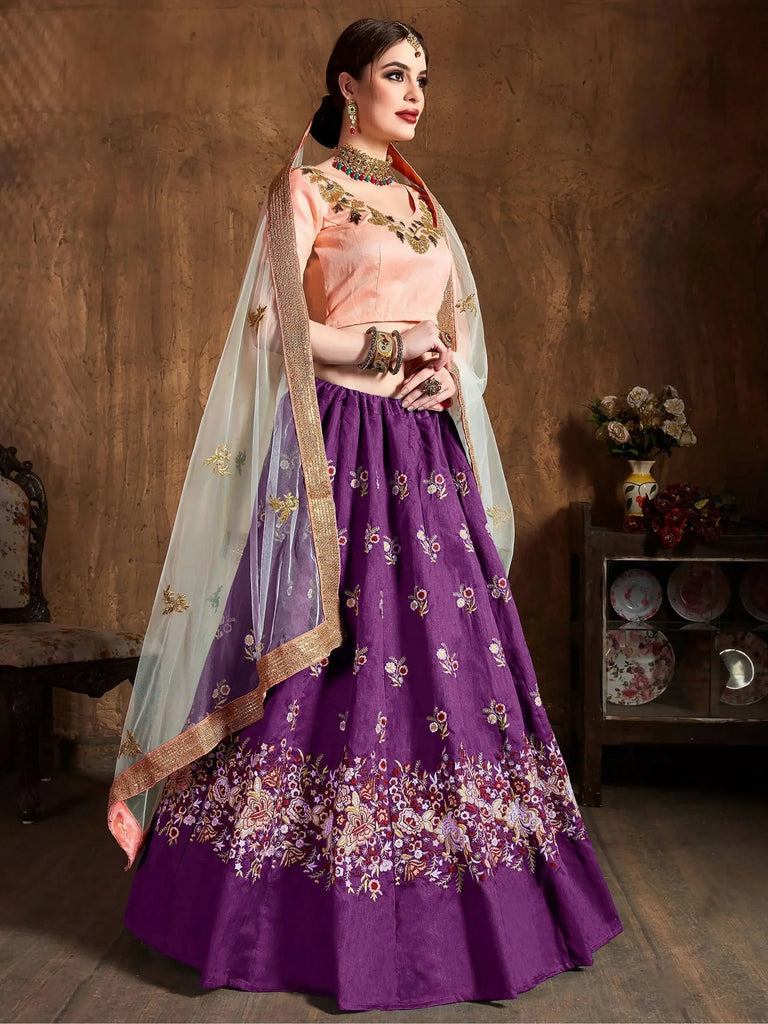 Purple Thread Work Raw Silk Bridal Lehenga With Peach Choli And Off-White Dupatta