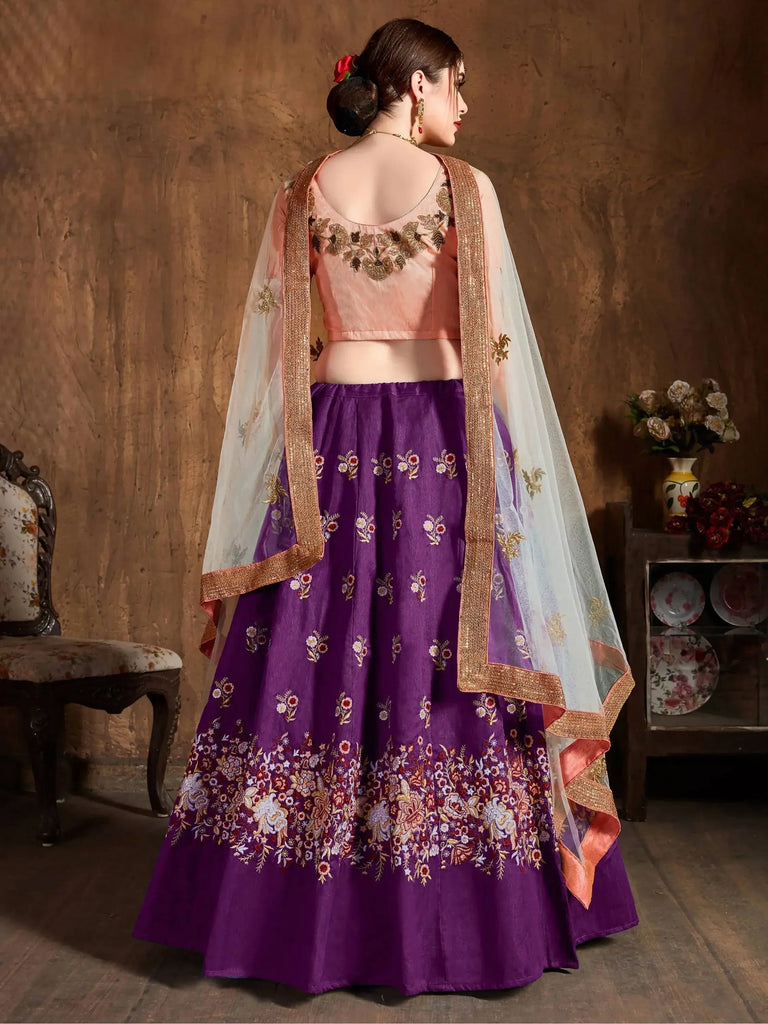 Purple Thread Work Raw Silk Bridal Lehenga With Peach Choli And Off-White Dupatta