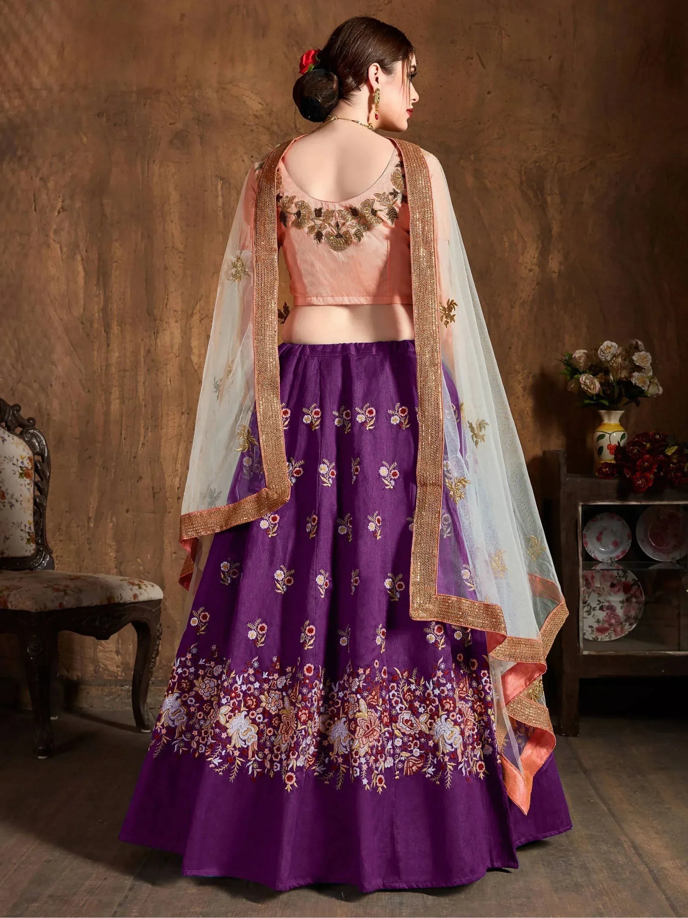 Purple embroidered lehenga choli with peach blouse and sheer dupatta, Indian ethnic wear