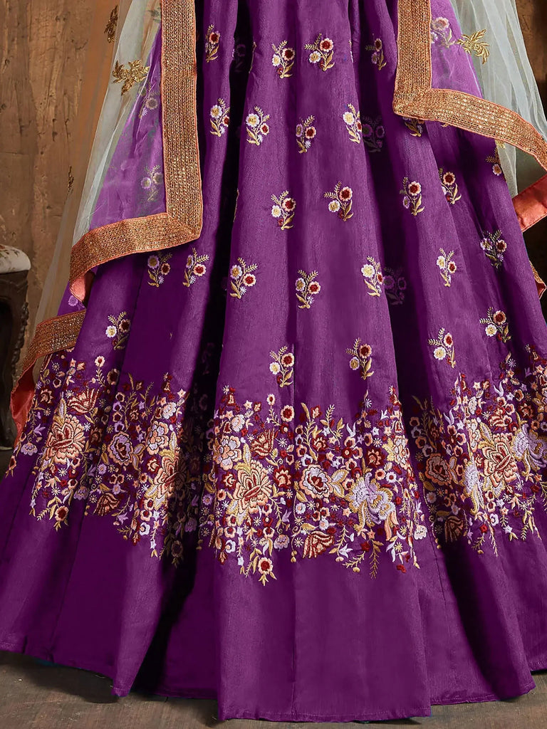 Purple Thread Work Raw Silk Bridal Lehenga With Peach Choli And Off-White Dupatta