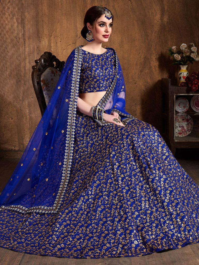Blue Zari Embroidery Raw Silk Wedding Lehenga Choli With Dupatta