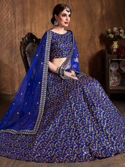 Blue Zari Embroidery Raw Silk Wedding Lehenga Choli With Dupatta