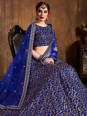 Blue Zari Embroidery Raw Silk Wedding Lehenga Choli With Dupatta