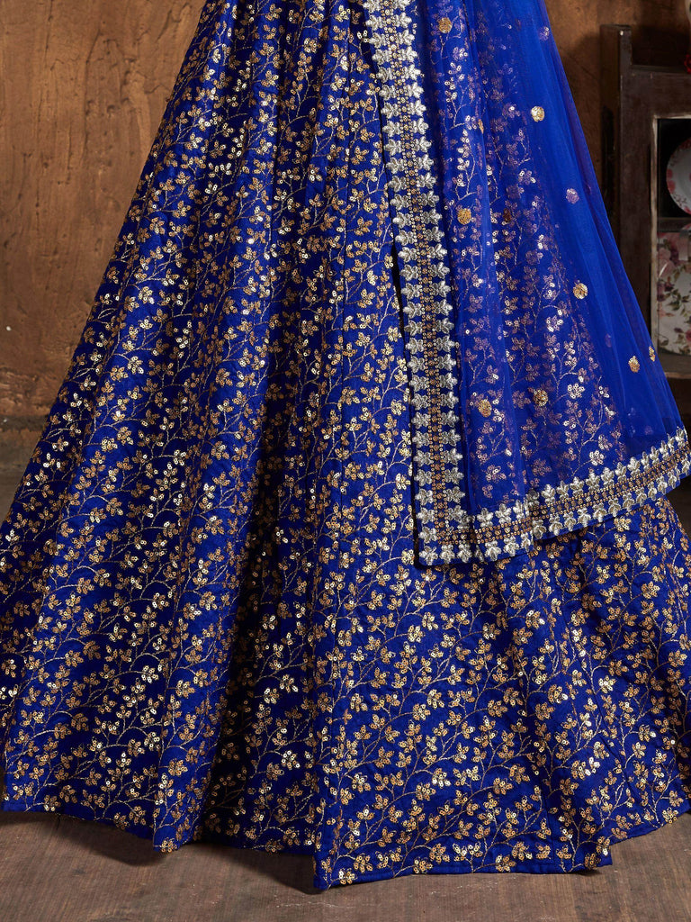 Blue Zari Embroidery Raw Silk Wedding Lehenga Choli With Dupatta