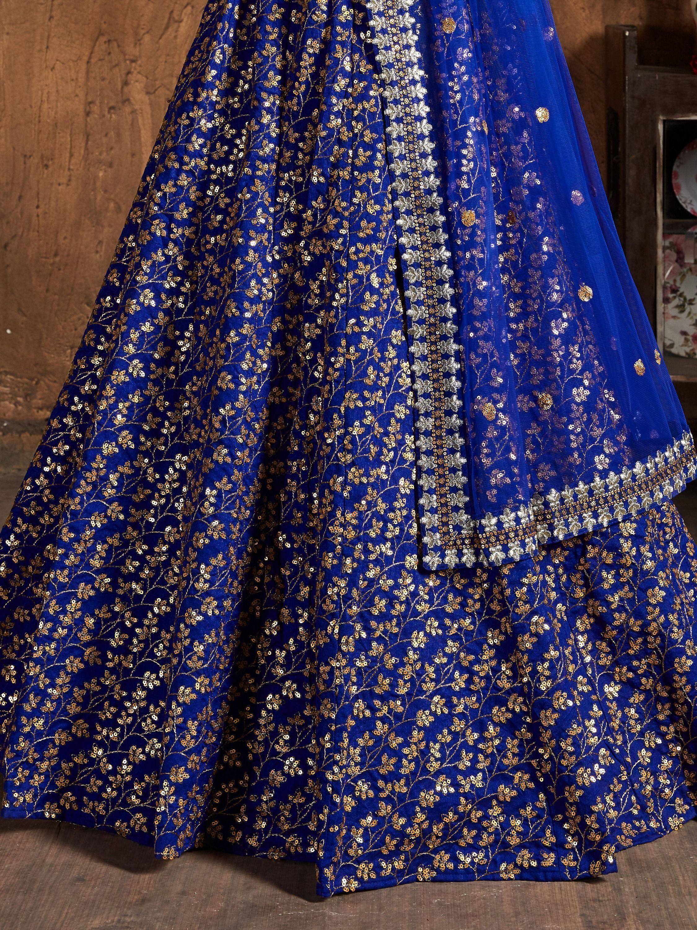 Royal blue lehenga choli with gold sequin floral embroidery and sheer dupatta, Indian ethnic wear