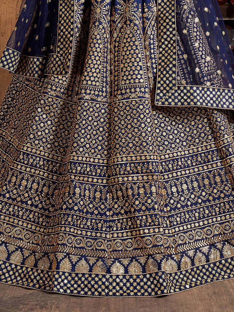 Navy Blue Sequins Raw Silk Wedding Lehenga Choli With Dupatta