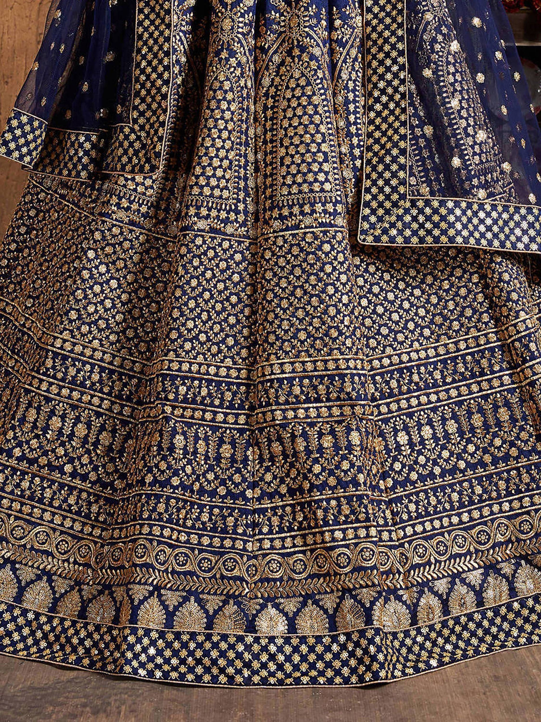 Navy Blue Sequins Raw Silk Wedding Lehenga Choli With Dupatta