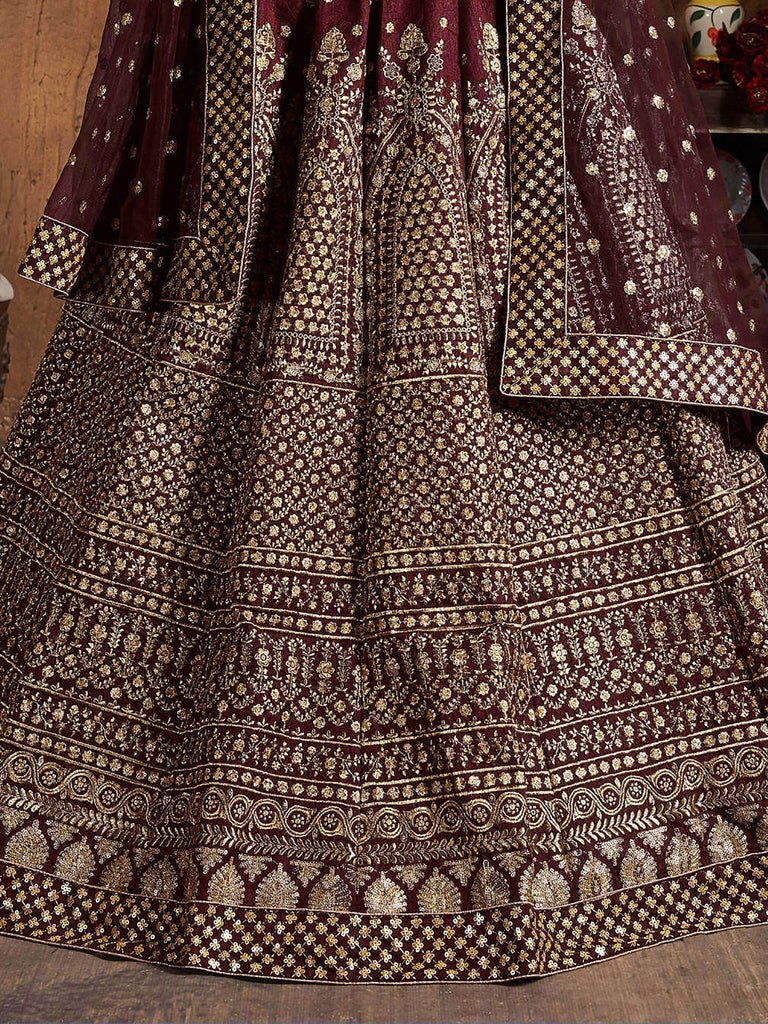 Maroon Sequins Raw Silk Wedding Lehenga Choli With Dupatta