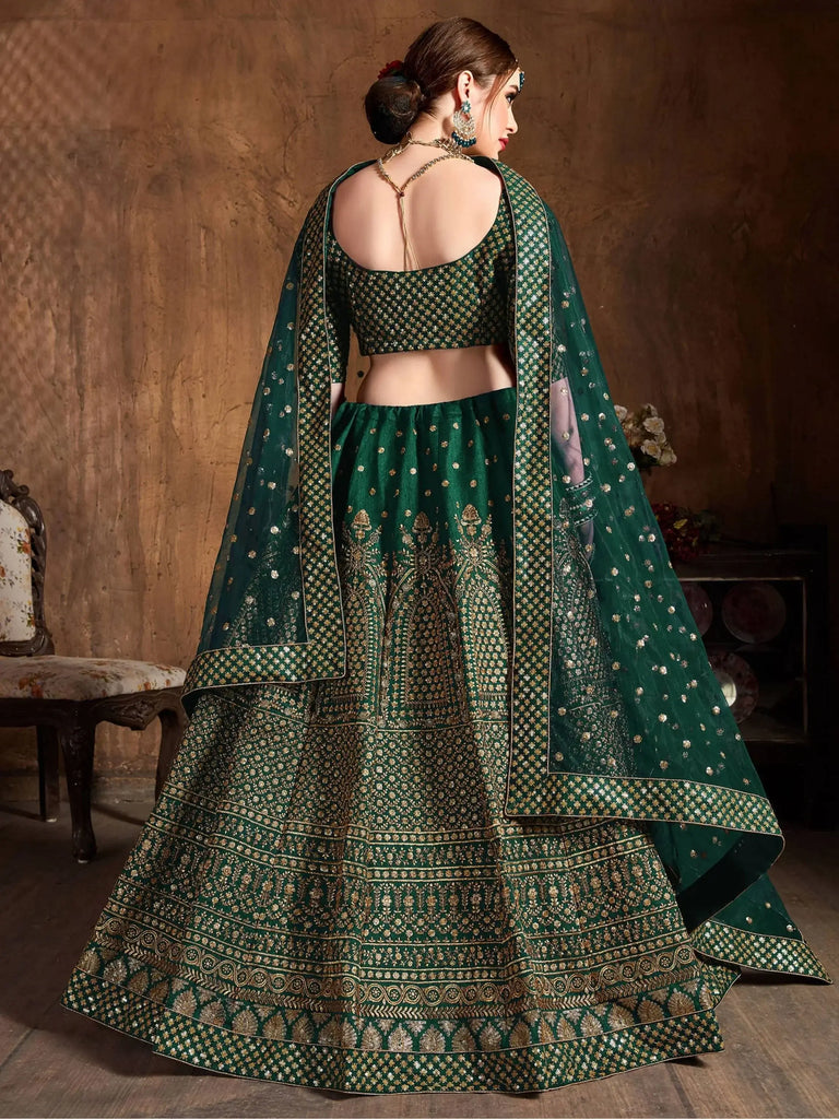 Bottle Green Sequins Raw Silk Wedding Lehenga Choli With Dupatta