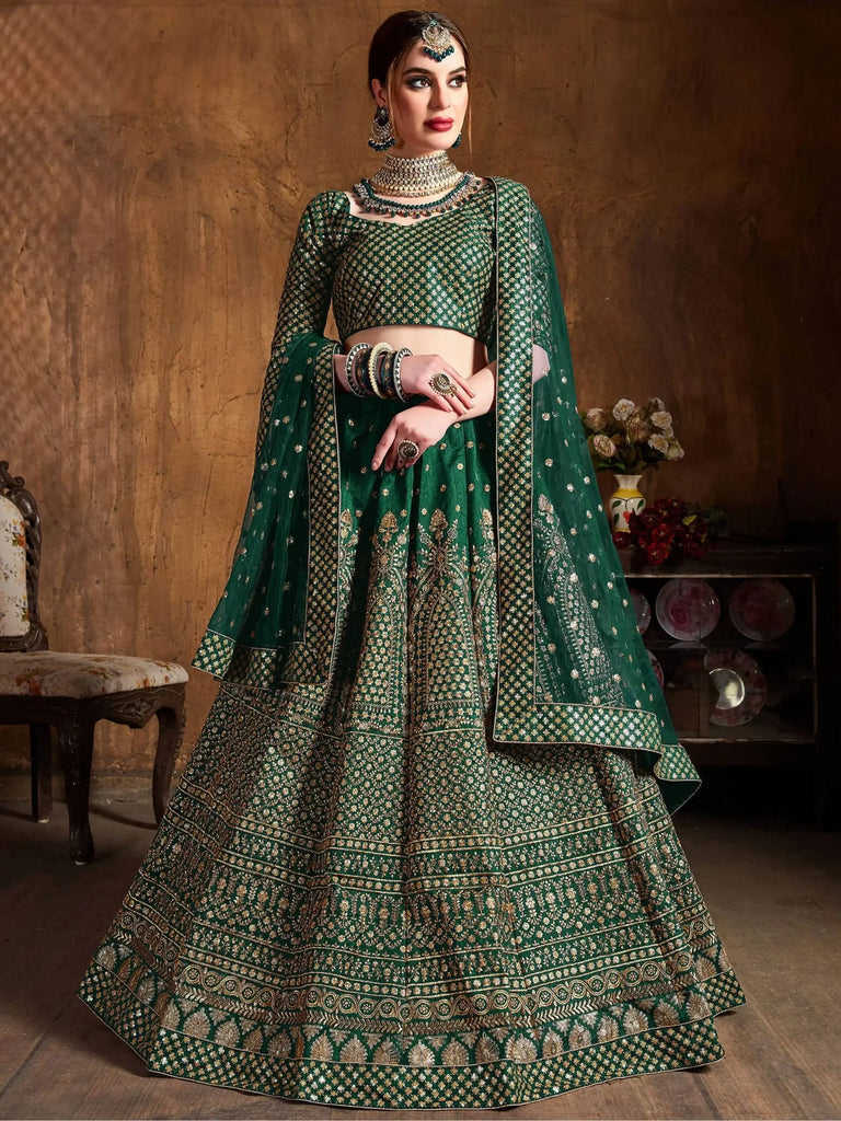 Bottle Green Sequins Raw Silk Wedding Lehenga Choli With Dupatta