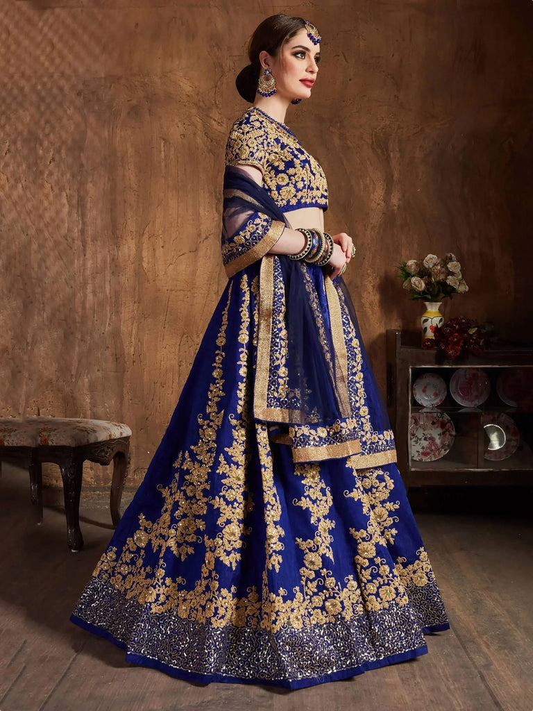 Navy Blue Embroidery Raw Silk Wedding Lehenga Choli With Dupatta